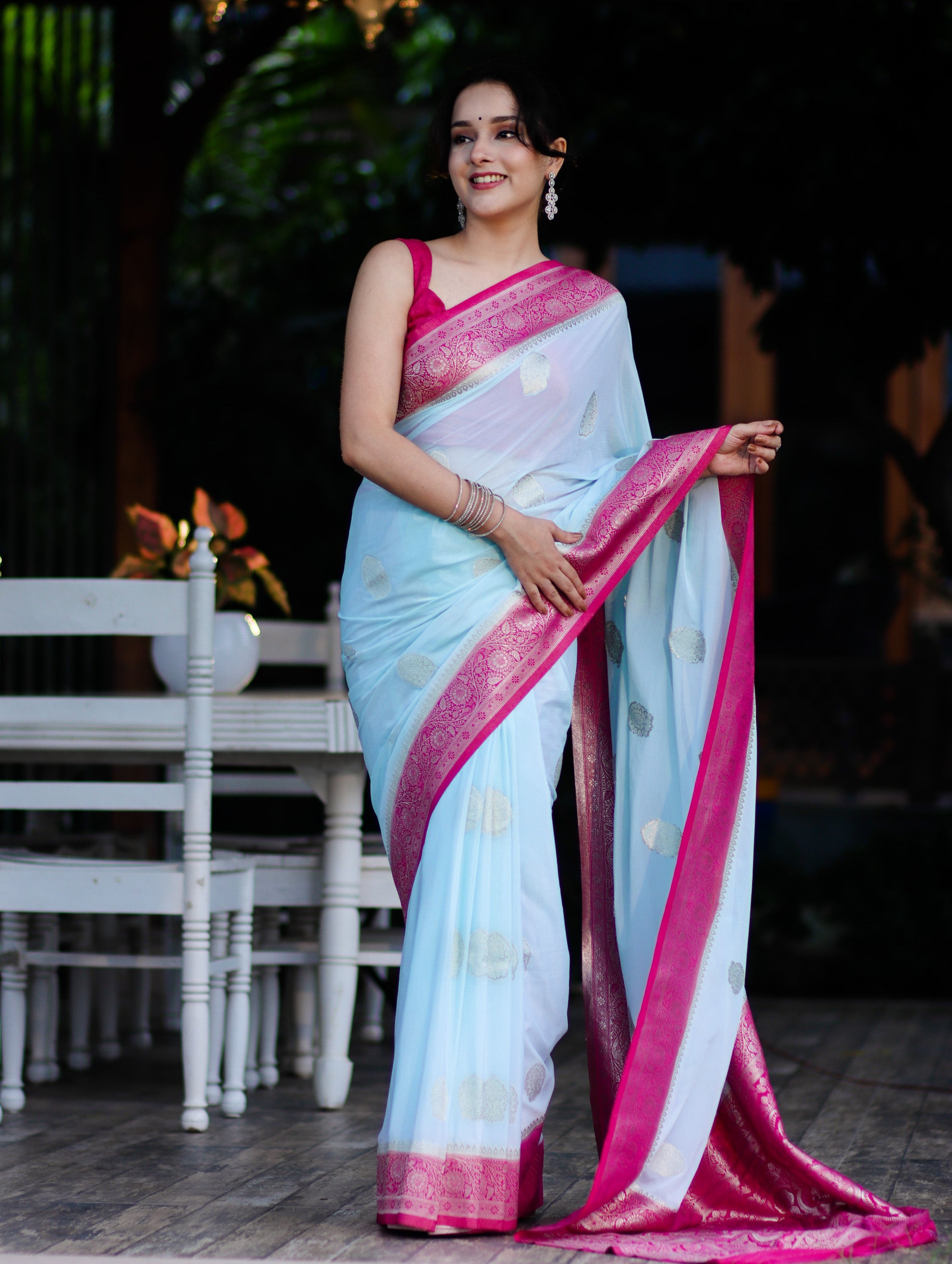 Banarasee Handwoven Chiffon Saree With Zari Buta Work & Contrast Border-Powder Blue