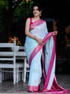 Banarasee Handwoven Chiffon Saree With Zari Buta Work & Contrast Border-Powder Blue