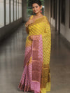 Banarasee Pure Chiffon Saree With Antique Zari Work-Yellow & Pink