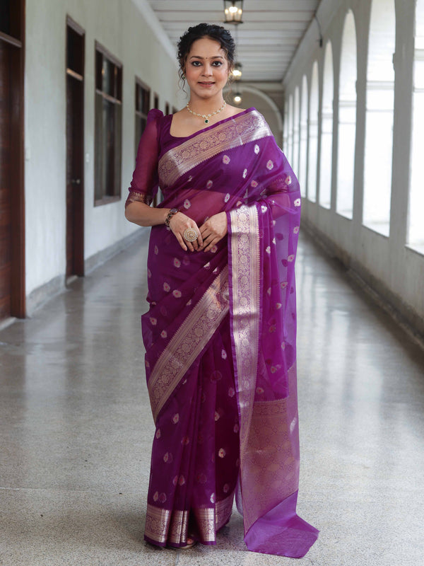 Banarasee Organza Mix Saree With Zari Buta Design & Floral Border-Purple