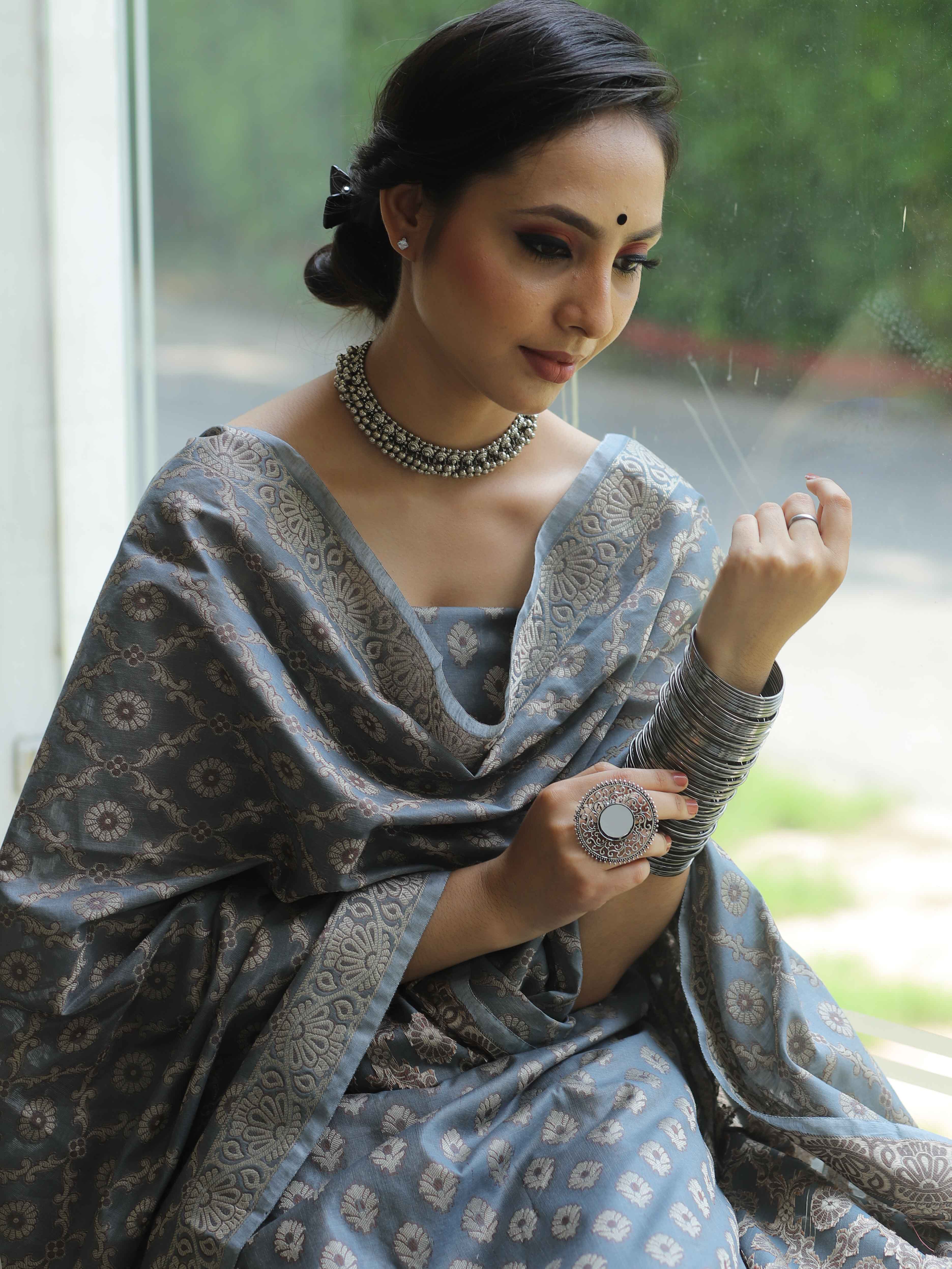 Banarasee Salwar Kameez Cotton Silk Resham Buti Woven Fabric-Grey