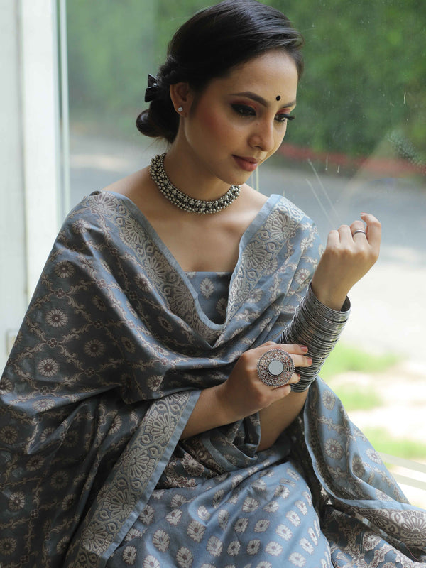 Banarasee Salwar Kameez Cotton Silk Resham Buti Woven Fabric-Grey