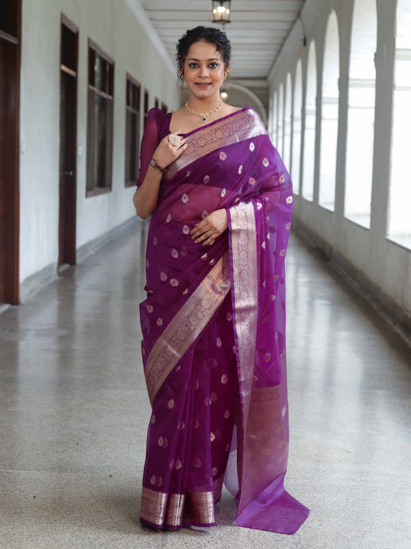 Banarasee Organza Mix Saree With Zari Buta Design & Floral Border-Purple