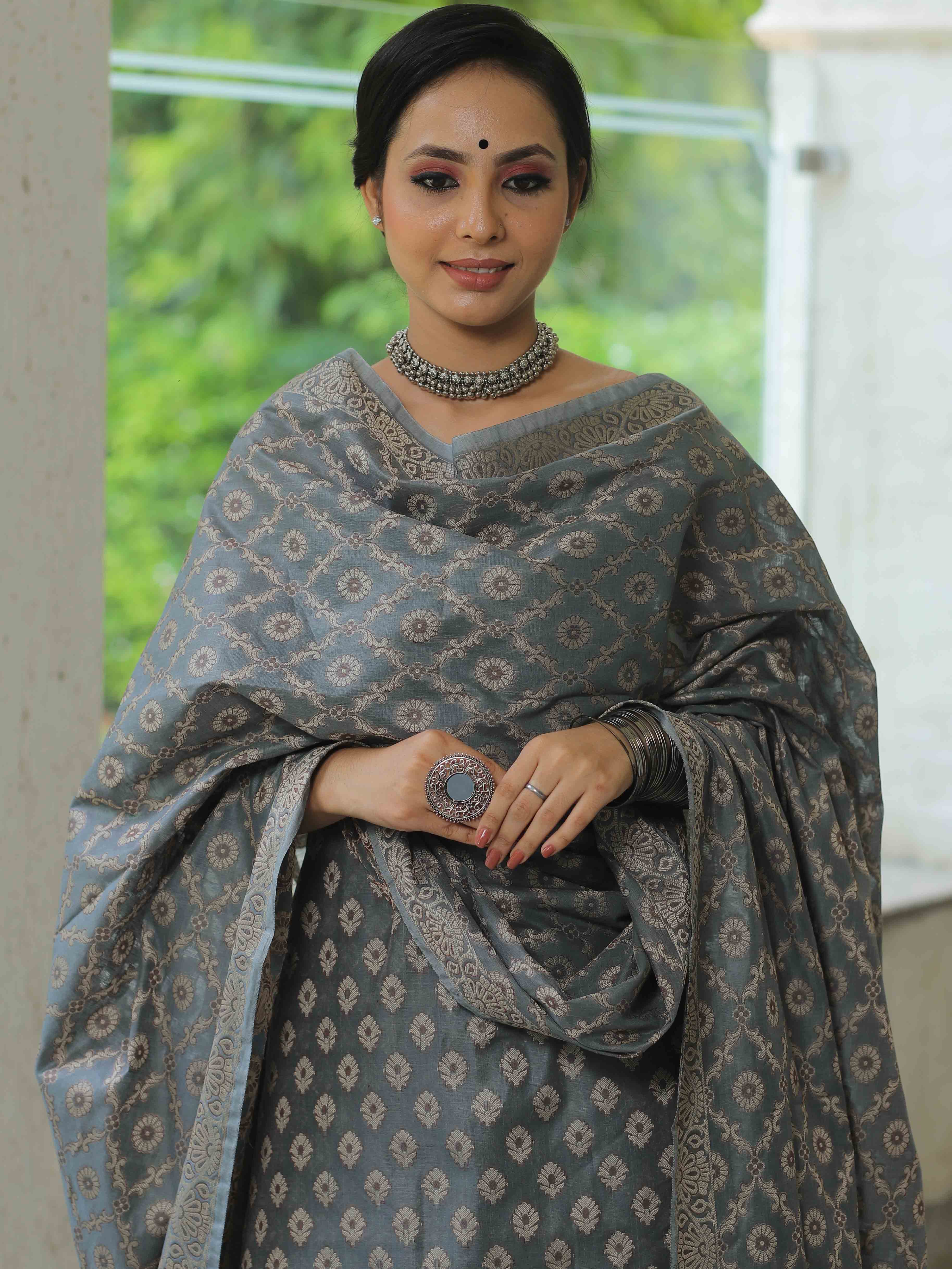Banarasee Salwar Kameez Cotton Silk Resham Buti Woven Fabric-Grey