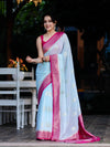 Banarasee Handwoven Chiffon Saree With Zari Buta Work & Contrast Border-Powder Blue