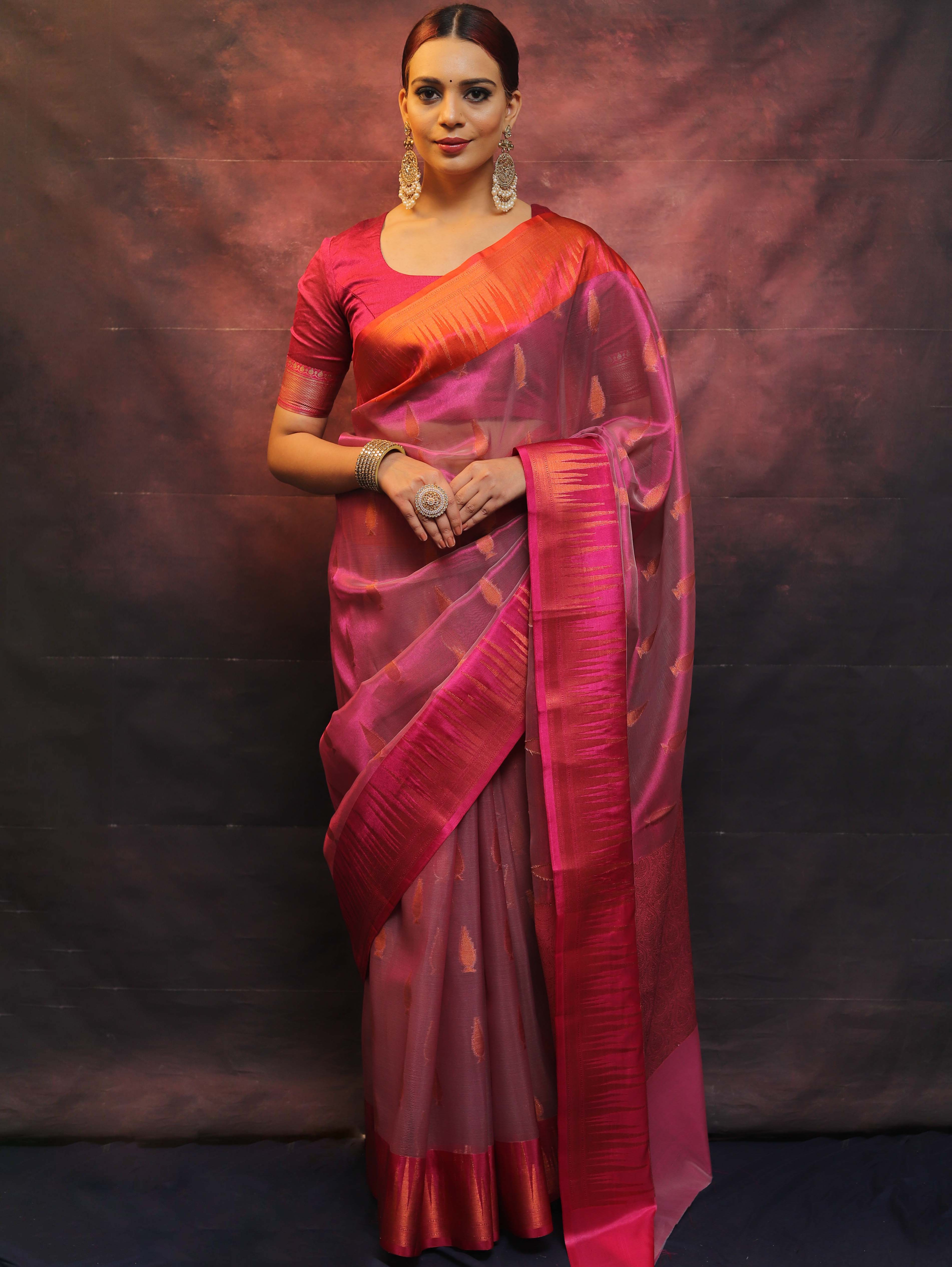 Banarasee Handwoven Broad Contrast Border Tissue Saree-Pink