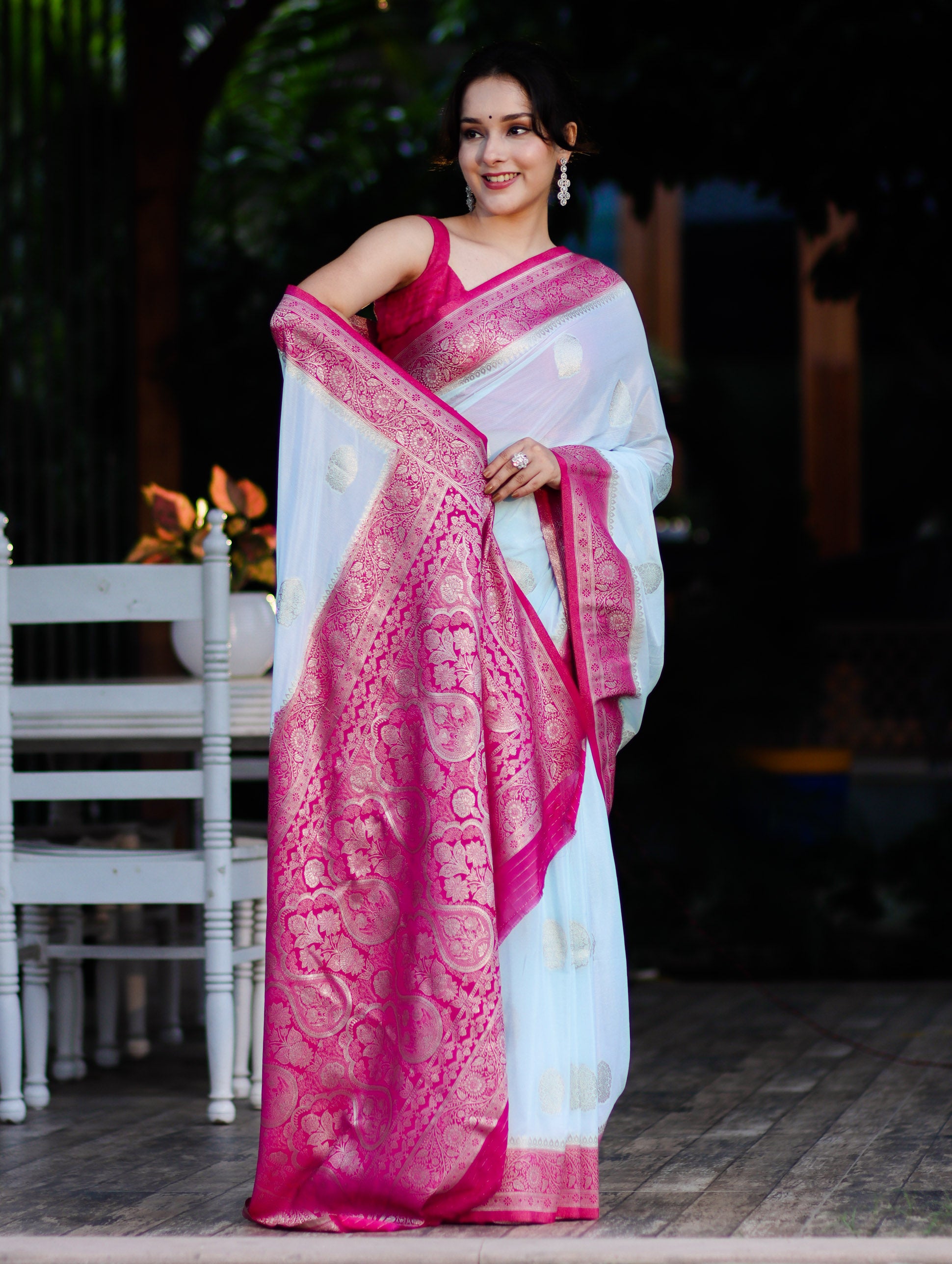 Banarasee Handwoven Chiffon Saree With Zari Buta Work & Contrast Border-Powder Blue