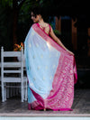 Banarasee Handwoven Chiffon Saree With Zari Buta Work & Contrast Border-Powder Blue