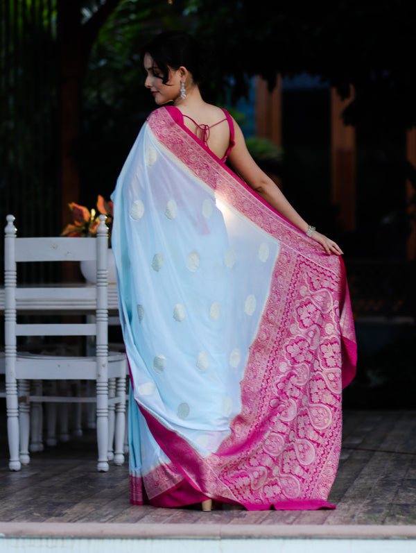 Banarasee Handwoven Chiffon Saree With Zari Buta Work & Contrast Border-Powder Blue