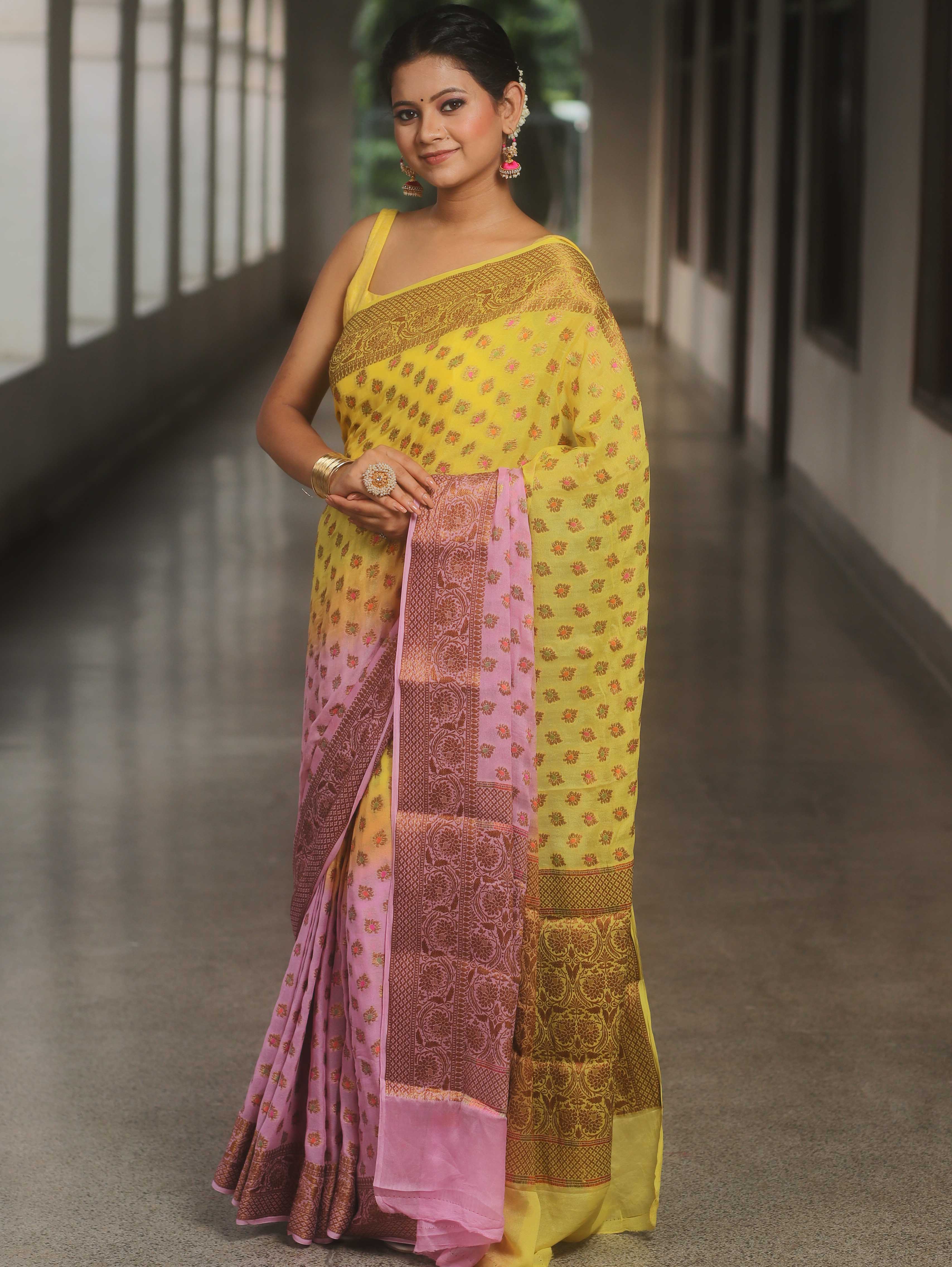 Banarasee Pure Chiffon Saree With Antique Zari Work-Yellow & Pink