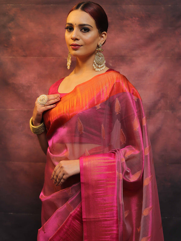 Banarasee Handwoven Broad Contrast Border Tissue Saree-Pink