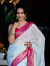 Banarasee Handwoven Chiffon Saree With Zari Buta Work & Contrast Border-Powder Blue