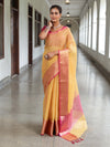Banarasee Handloom Tissue Saree With Contrast Tanchoi Border-Yellow & Pink