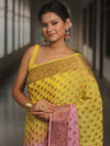 Banarasee Pure Chiffon Saree With Antique Zari Work-Yellow & Pink