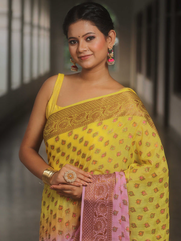 Banarasee Pure Chiffon Saree With Antique Zari Work-Yellow & Pink