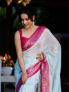 Banarasee Handwoven Chiffon Saree With Zari Buta Work & Contrast Border-Powder Blue