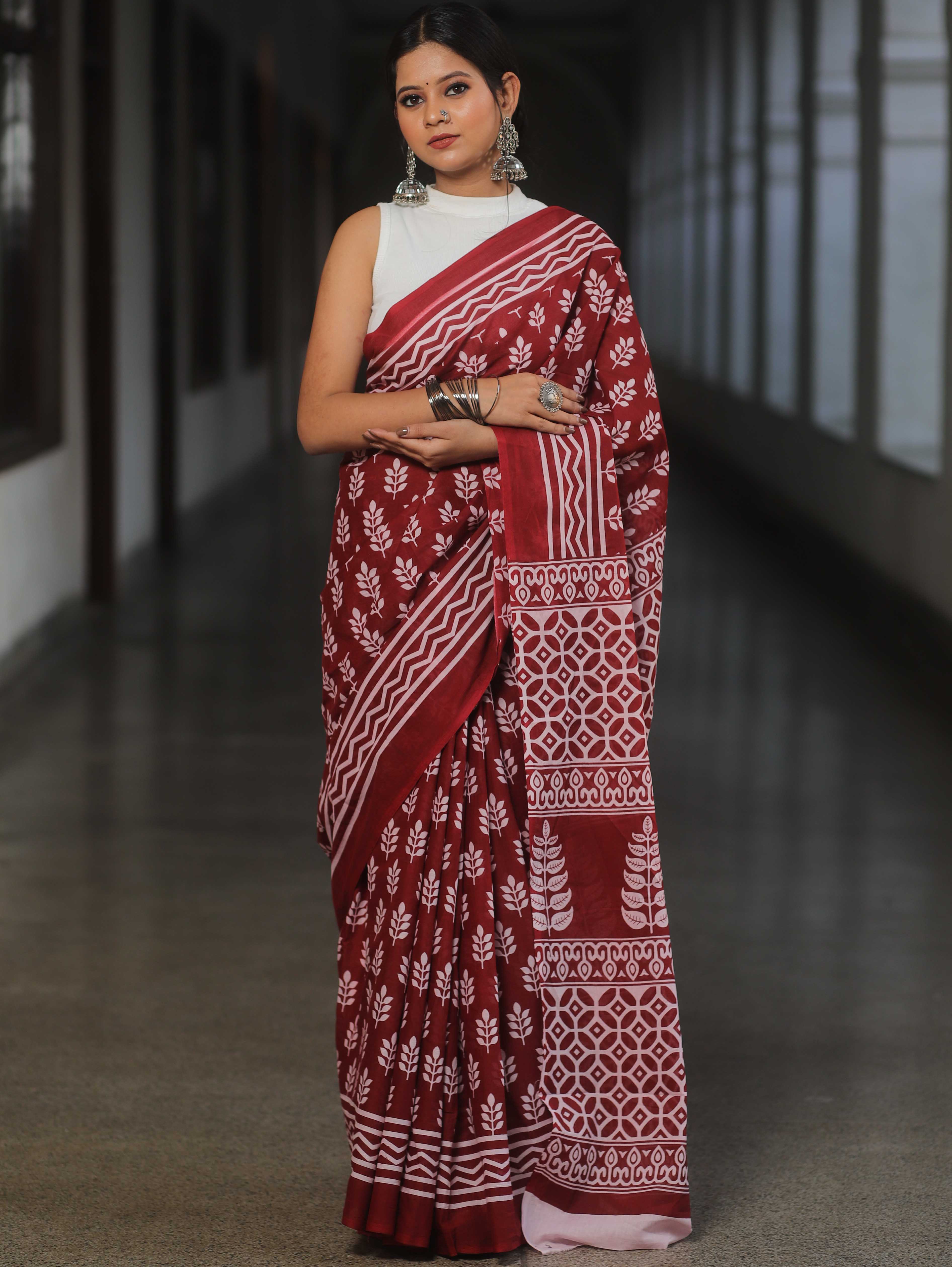 Handloom Mul Cotton Hand-Block Print Saree-Maroon