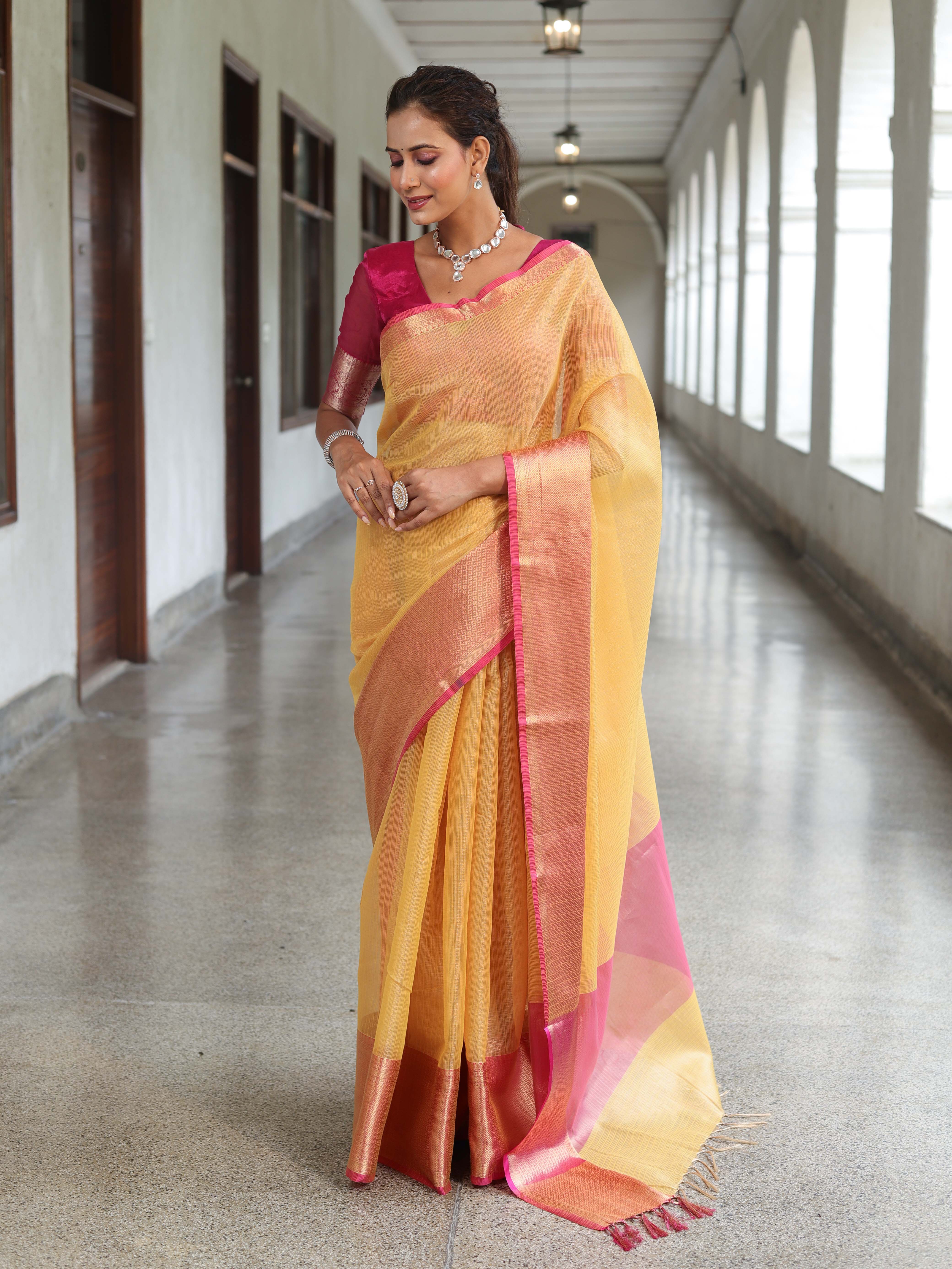 Banarasee Handloom Tissue Saree With Contrast Tanchoi Border-Yellow & Pink