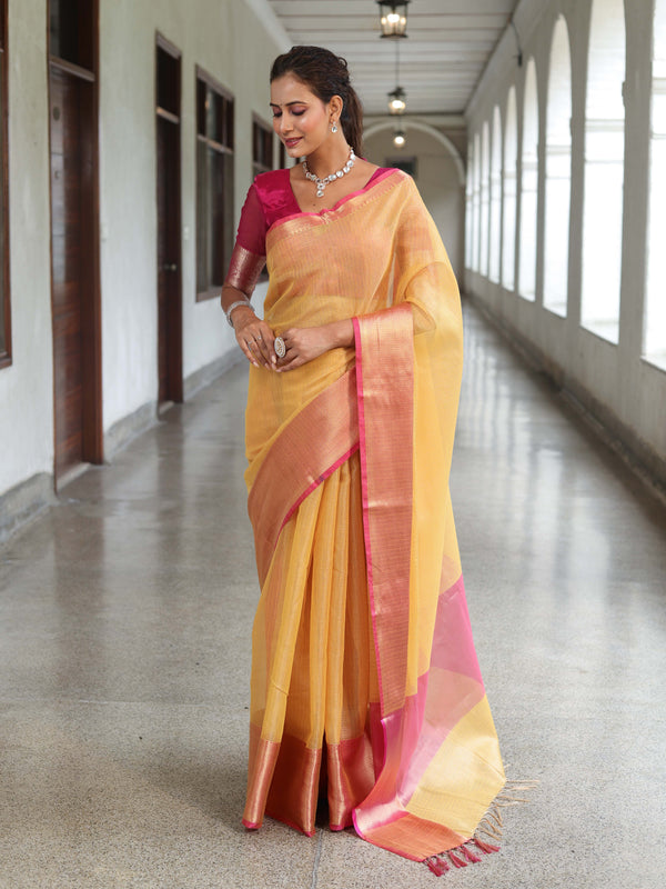 Banarasee Handloom Tissue Saree With Contrast Tanchoi Border-Yellow & Pink