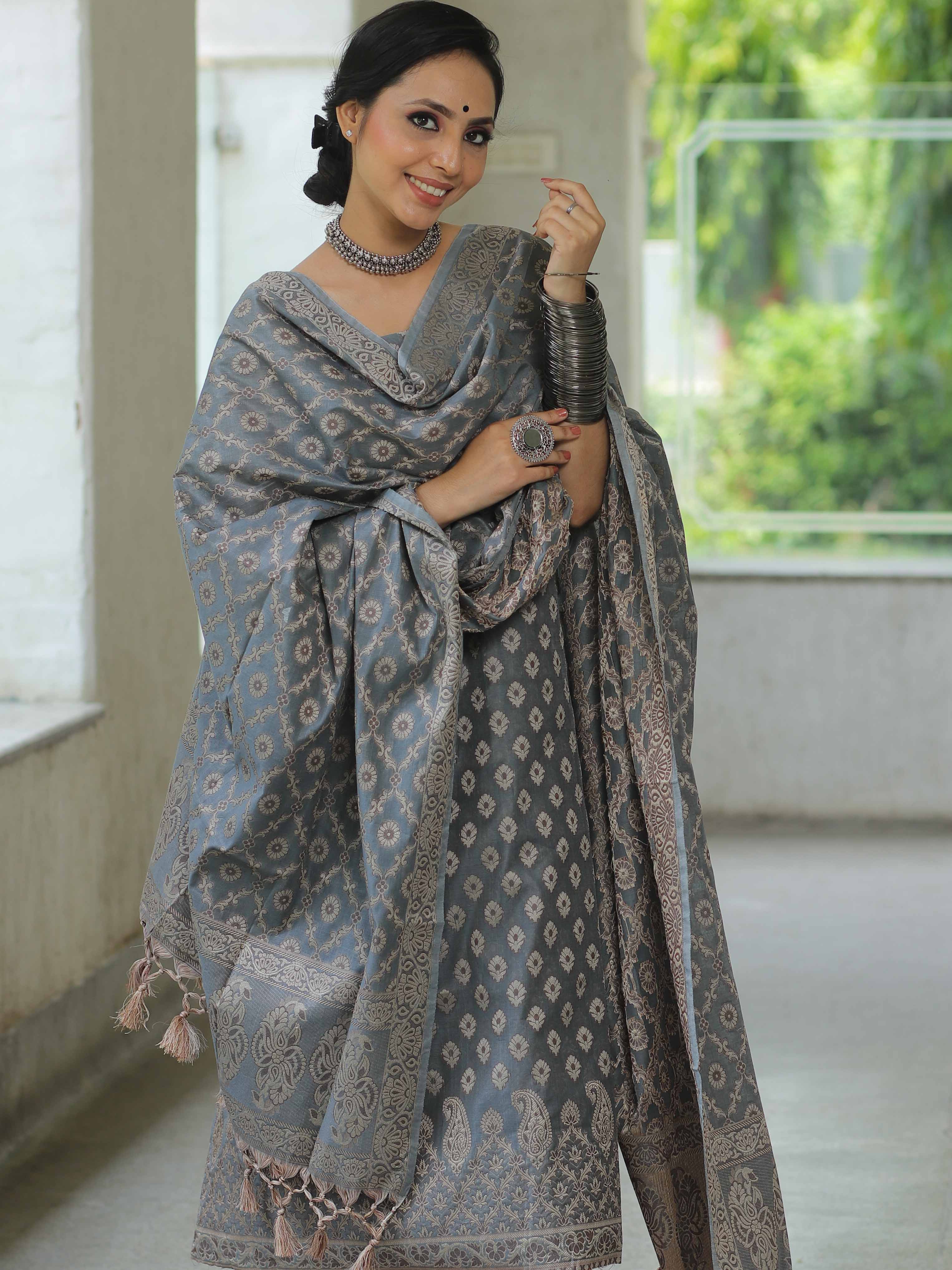Banarasee Salwar Kameez Cotton Silk Resham Buti Woven Fabric-Grey