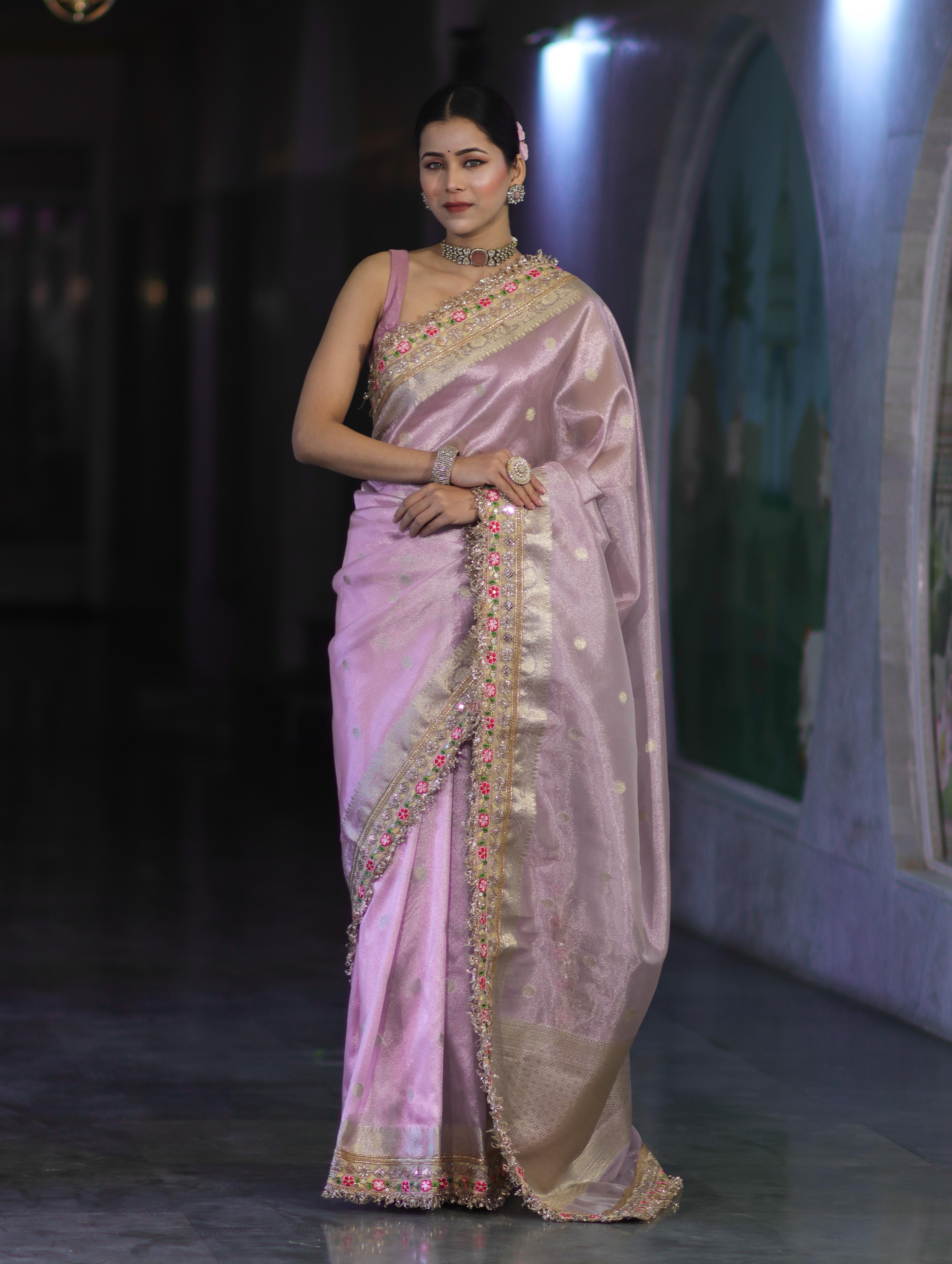 Banarasee Handloom Tissue Saree With Zari Buti Design Floral Border & Lace-Pastel Pink