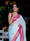 Banarasee Handwoven Chiffon Saree With Zari Buta Work & Contrast Border-Powder Blue