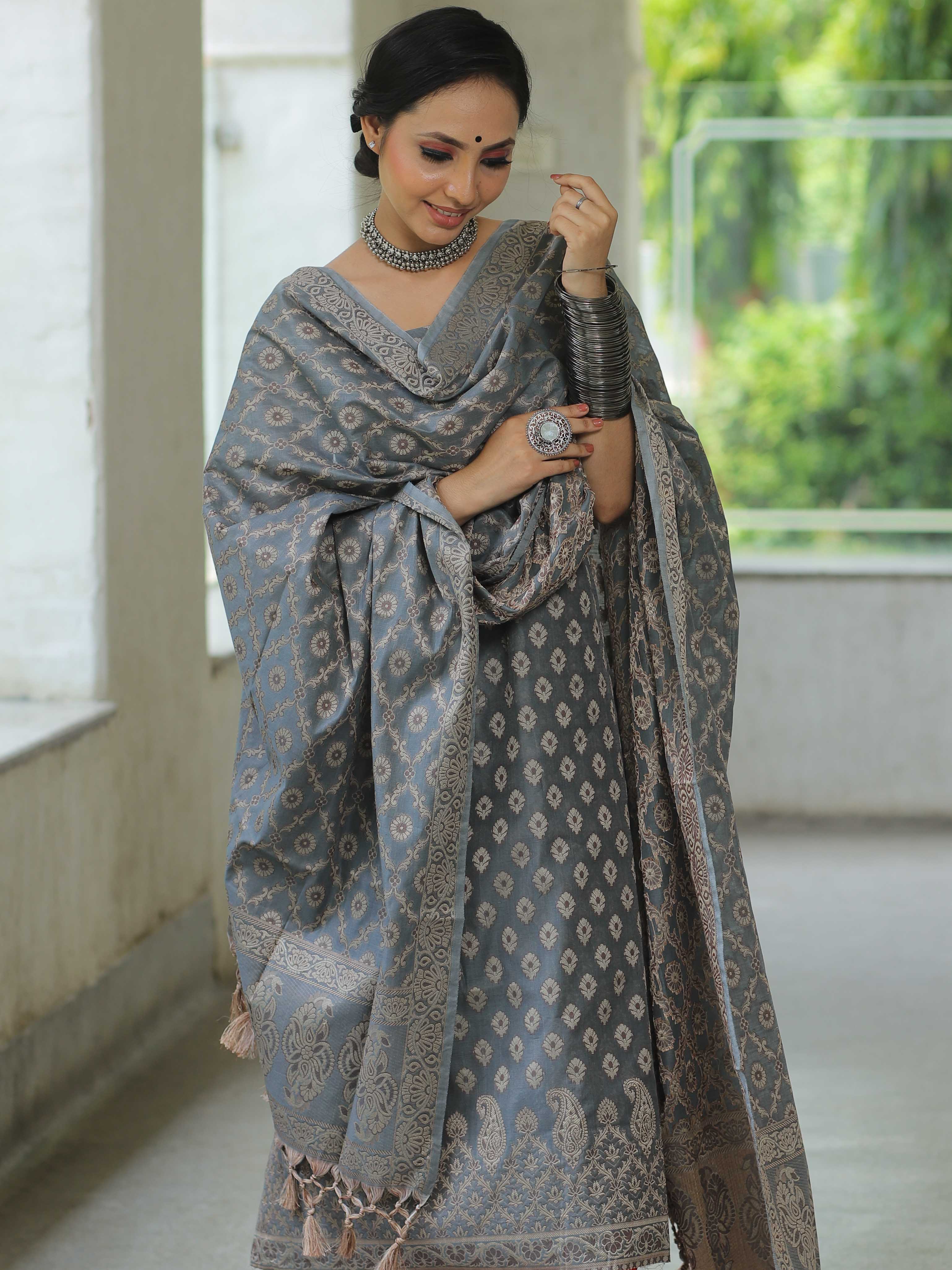 Banarasee Salwar Kameez Cotton Silk Resham Buti Woven Fabric-Grey