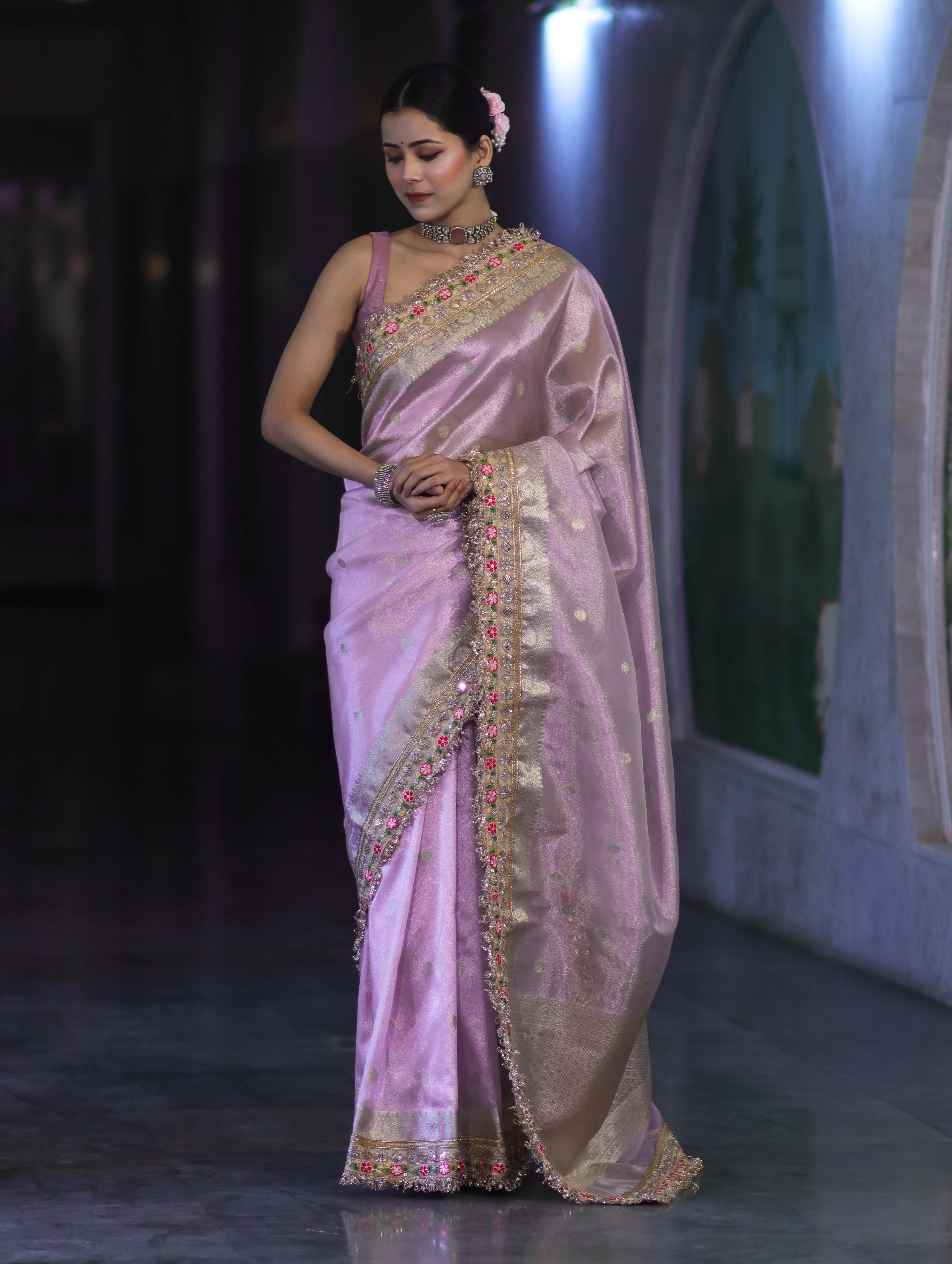 Banarasee Handloom Tissue Saree With Zari Buti Design Floral Border & Lace-Pastel Pink
