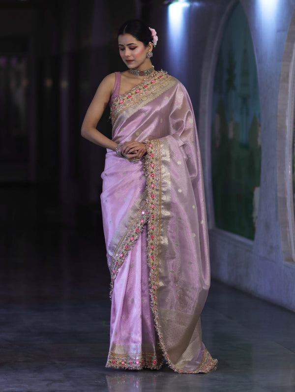 Banarasee Handloom Tissue Saree With Zari Buti Design Floral Border & Lace-Pastel Pink