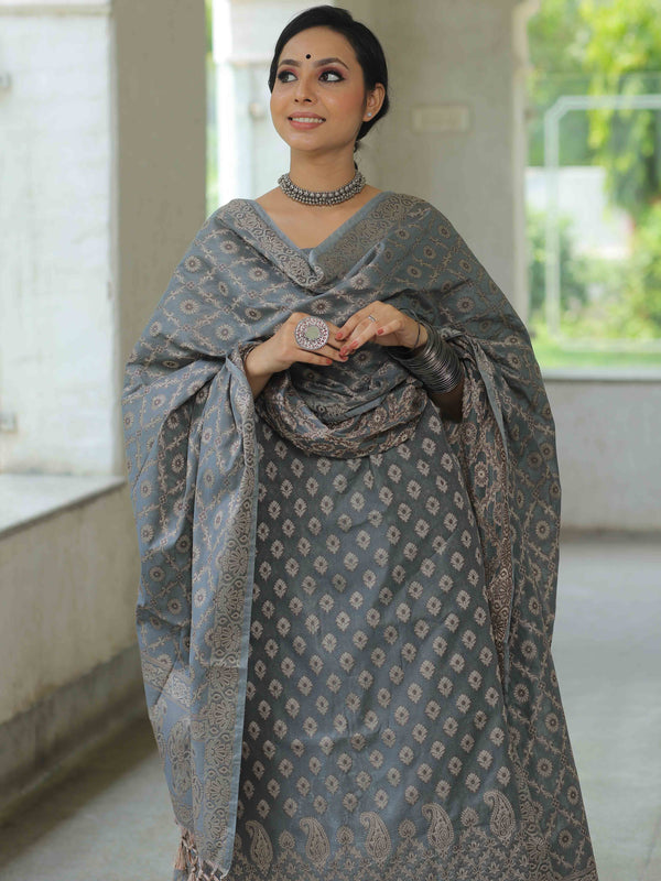Banarasee Salwar Kameez Cotton Silk Resham Buti Woven Fabric-Grey