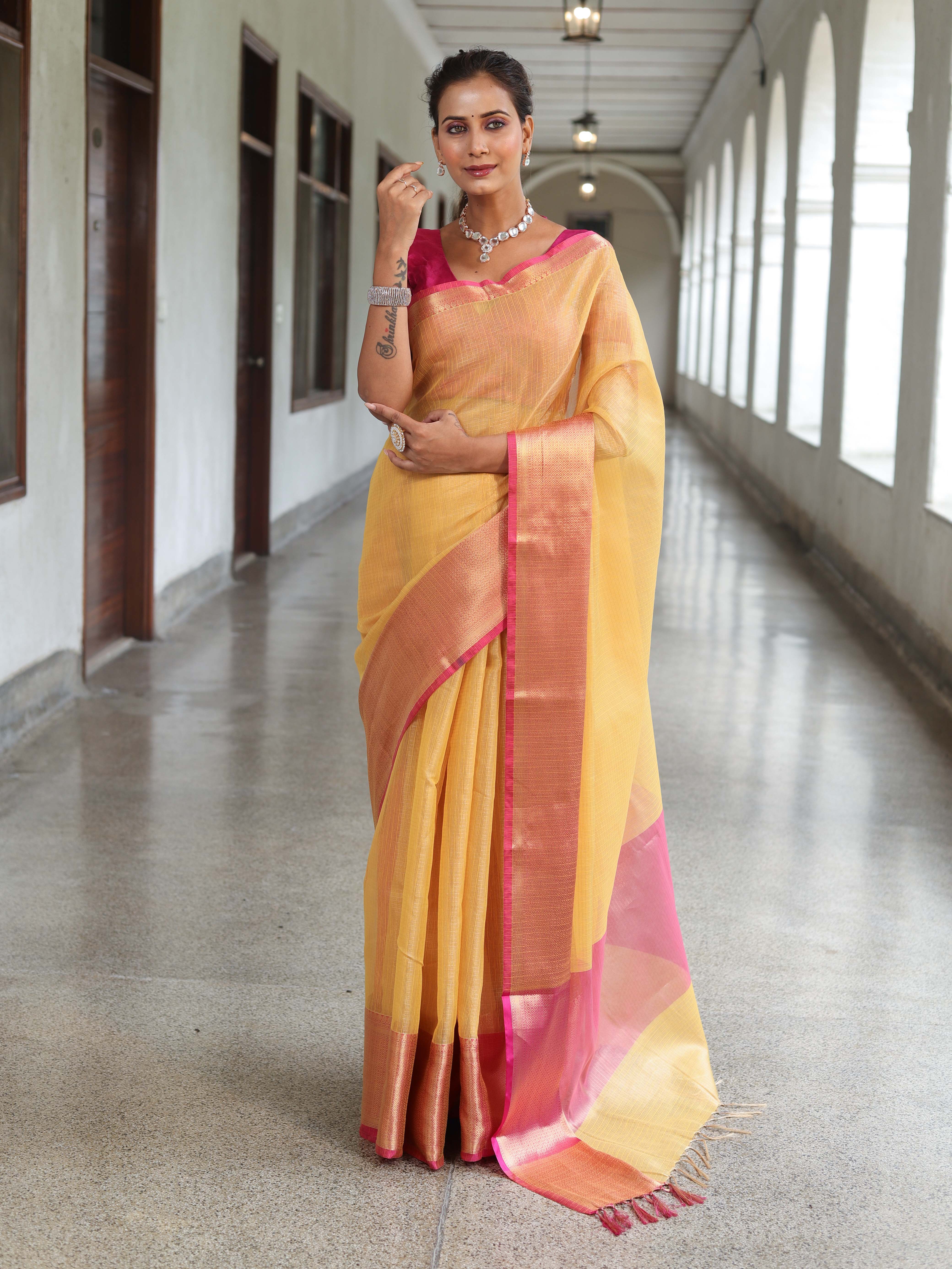 Banarasee Handloom Tissue Saree With Contrast Tanchoi Border-Yellow & Pink