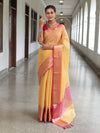 Banarasee Handloom Tissue Saree With Contrast Tanchoi Border-Yellow & Pink