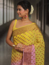 Banarasee Pure Chiffon Saree With Antique Zari Work-Yellow & Pink