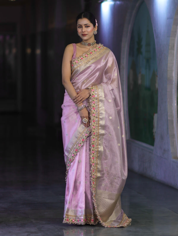 Banarasee Handloom Tissue Saree With Zari Buti Design Floral Border & Lace-Pastel Pink