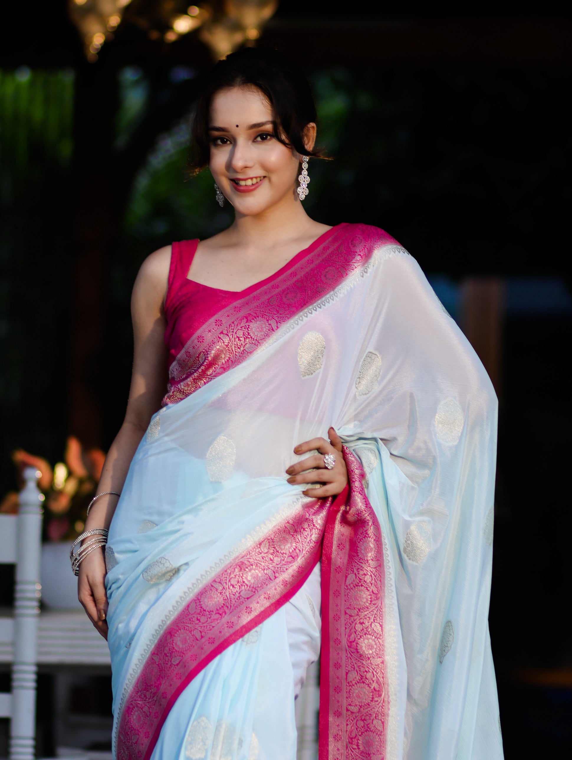 Banarasee Handwoven Chiffon Saree With Zari Buta Work & Contrast Border-Powder Blue