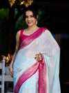 Banarasee Handwoven Chiffon Saree With Zari Buta Work & Contrast Border-Powder Blue