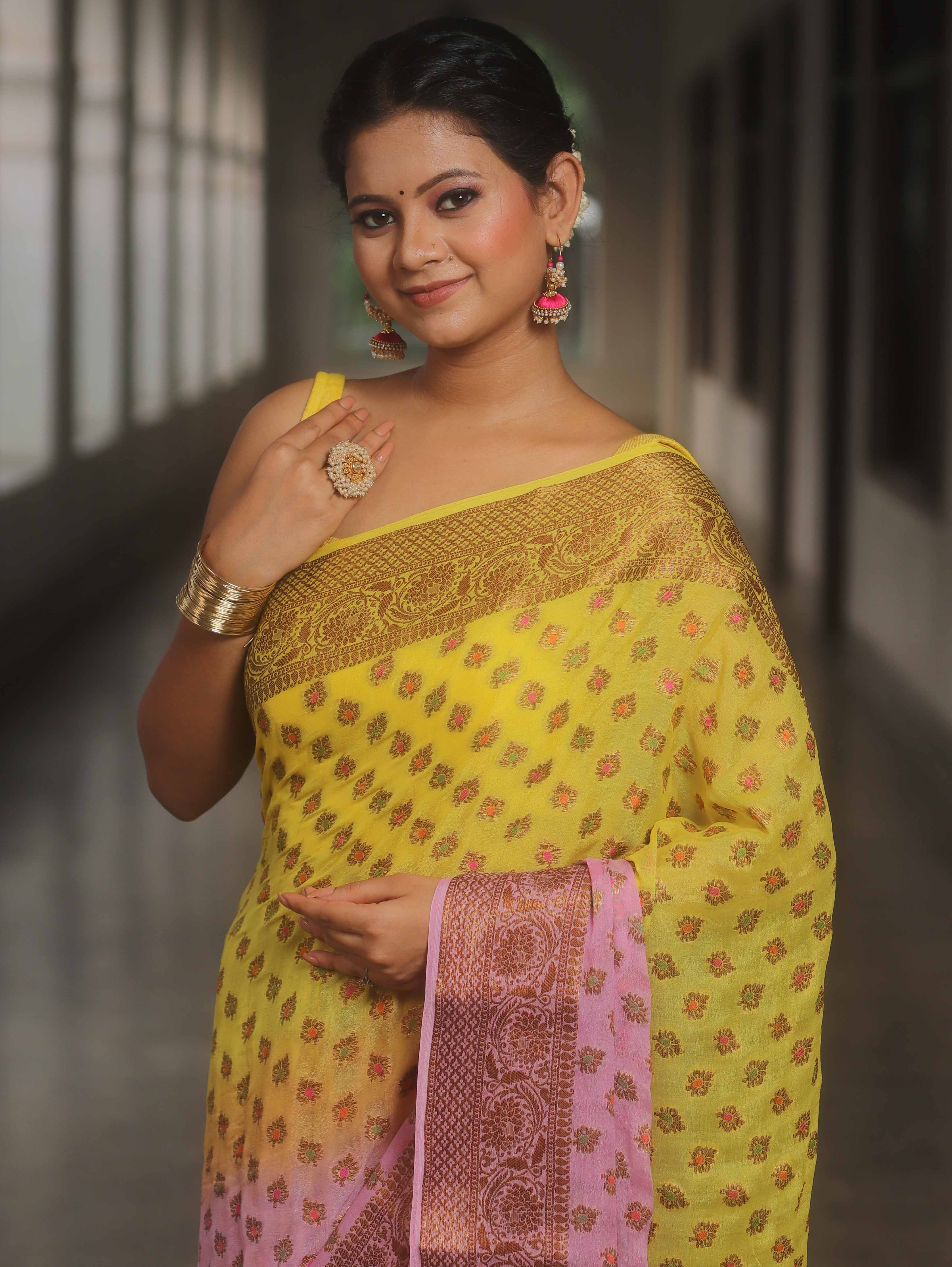Banarasee Pure Chiffon Saree With Antique Zari Work-Yellow & Pink