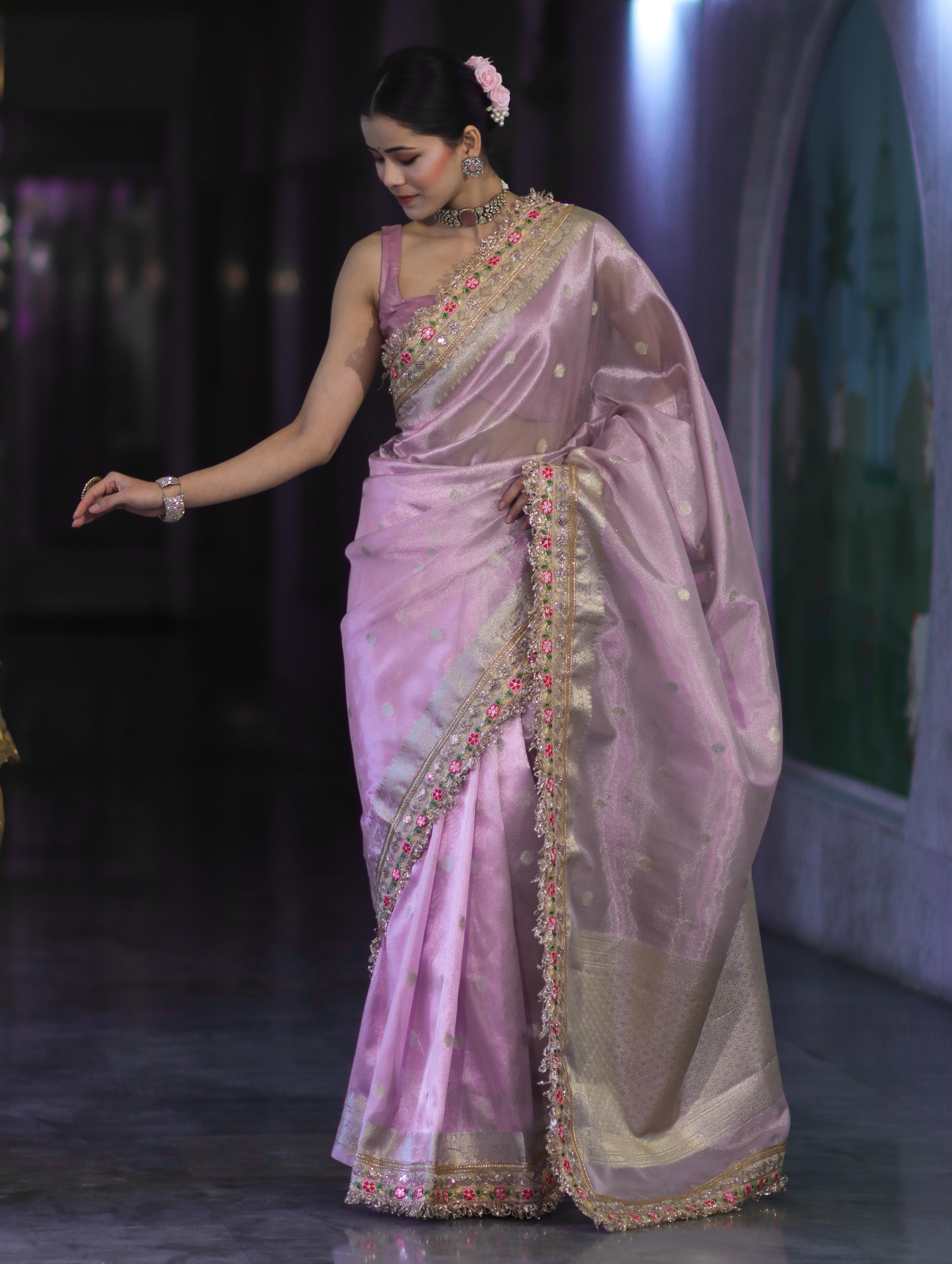 Banarasee Handloom Tissue Saree With Zari Buti Design Floral Border & Lace-Pastel Pink