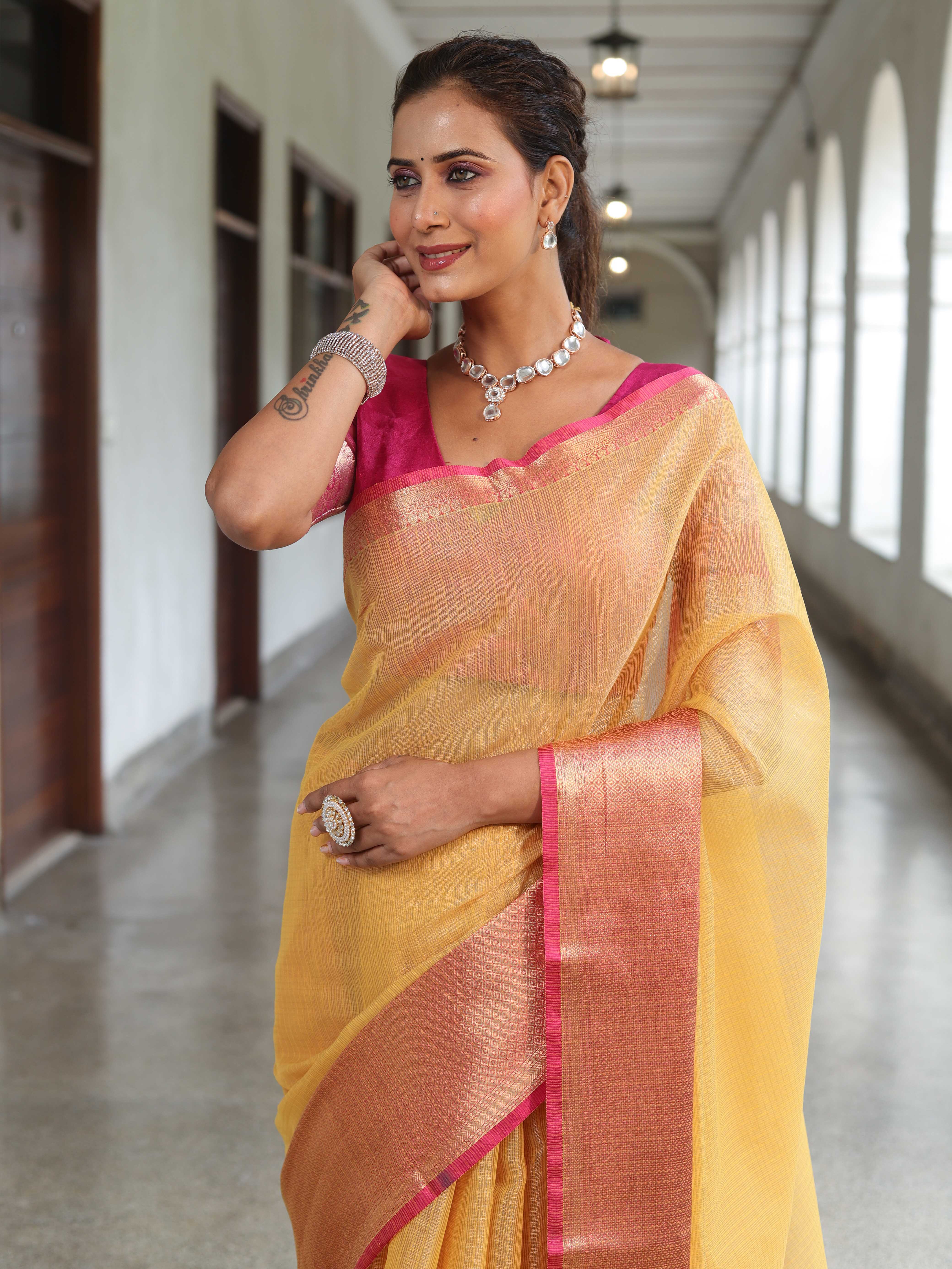 Banarasee Handloom Tissue Saree With Contrast Tanchoi Border-Yellow & Pink