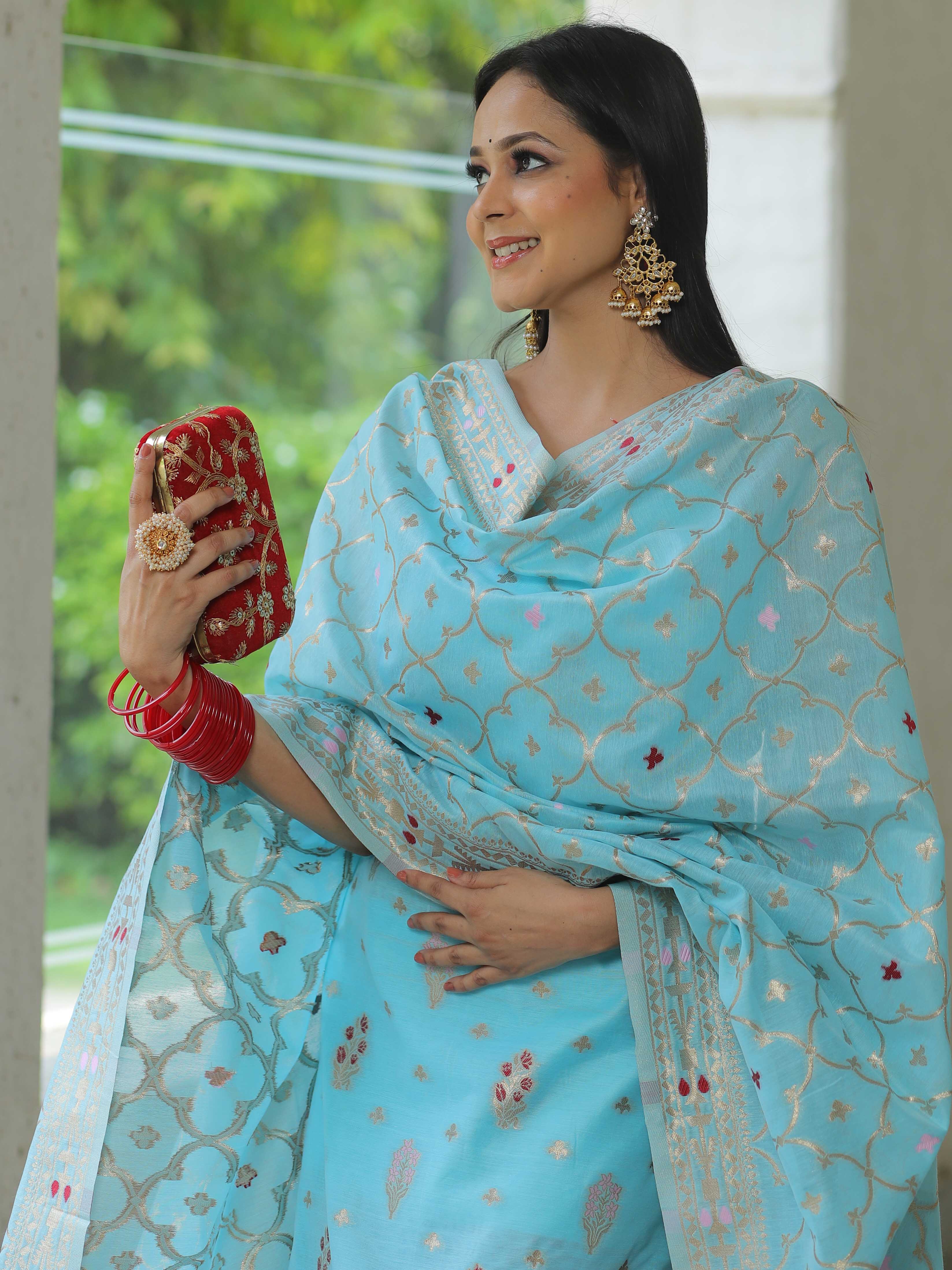 Banarasee Handloom Chanderi Salwar Kameez Fabric With Meena & Zari Design-Light Blue