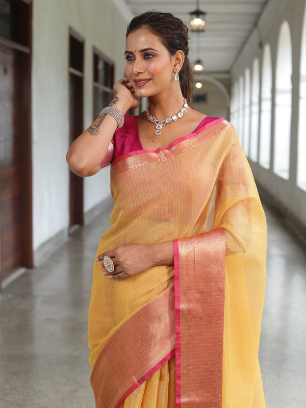 Banarasee Handloom Tissue Saree With Contrast Tanchoi Border-Yellow & Pink