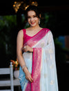 Banarasee Handwoven Chiffon Saree With Zari Buta Work & Contrast Border-Powder Blue