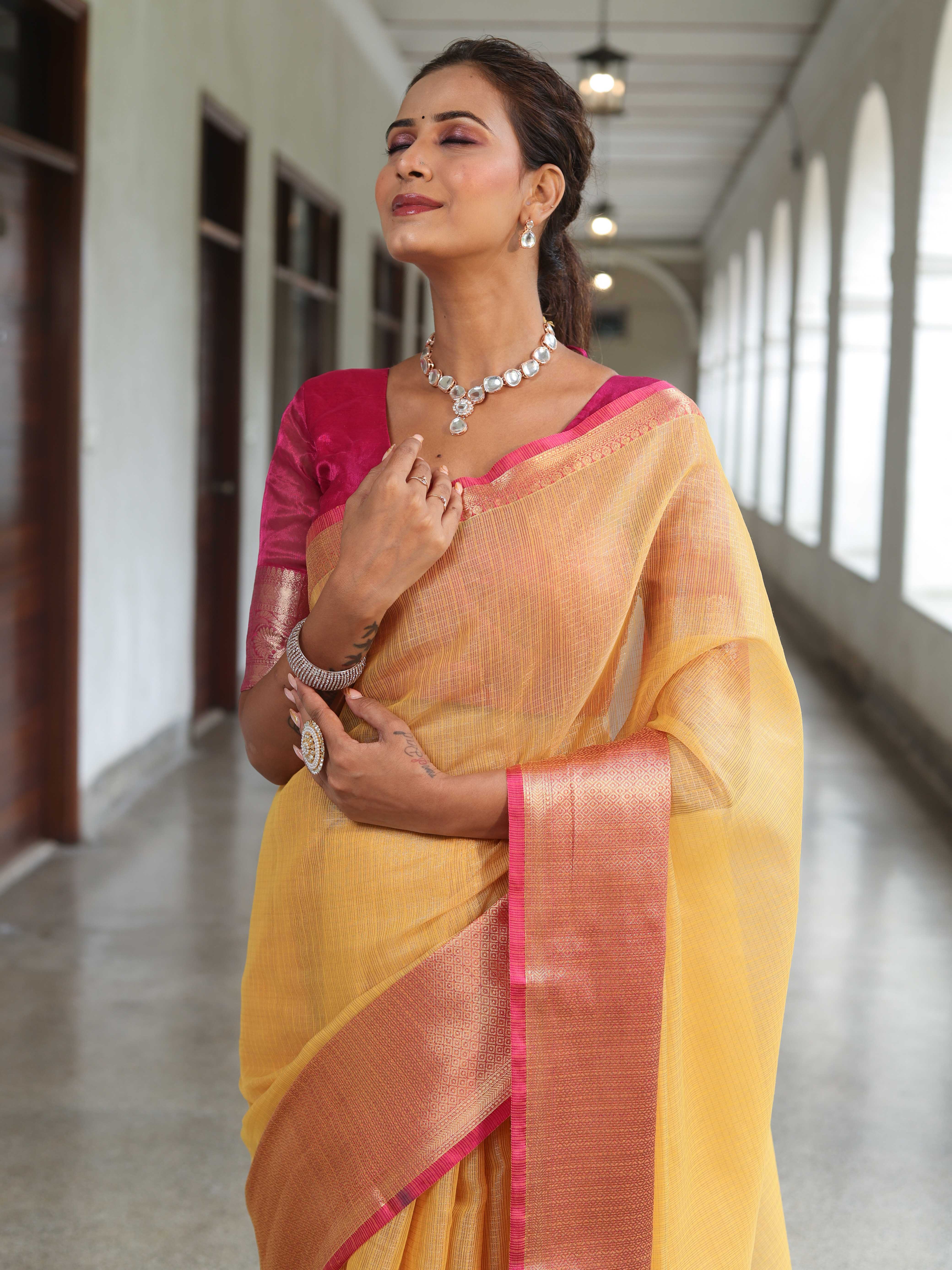 Banarasee Handloom Tissue Saree With Contrast Tanchoi Border-Yellow & Pink