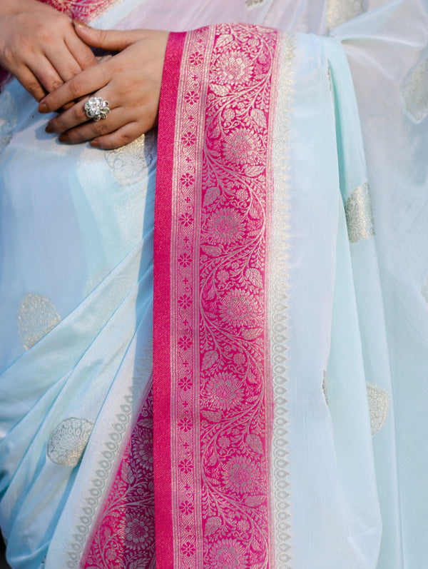 Banarasee Handwoven Chiffon Saree With Zari Buta Work & Contrast Border-Powder Blue