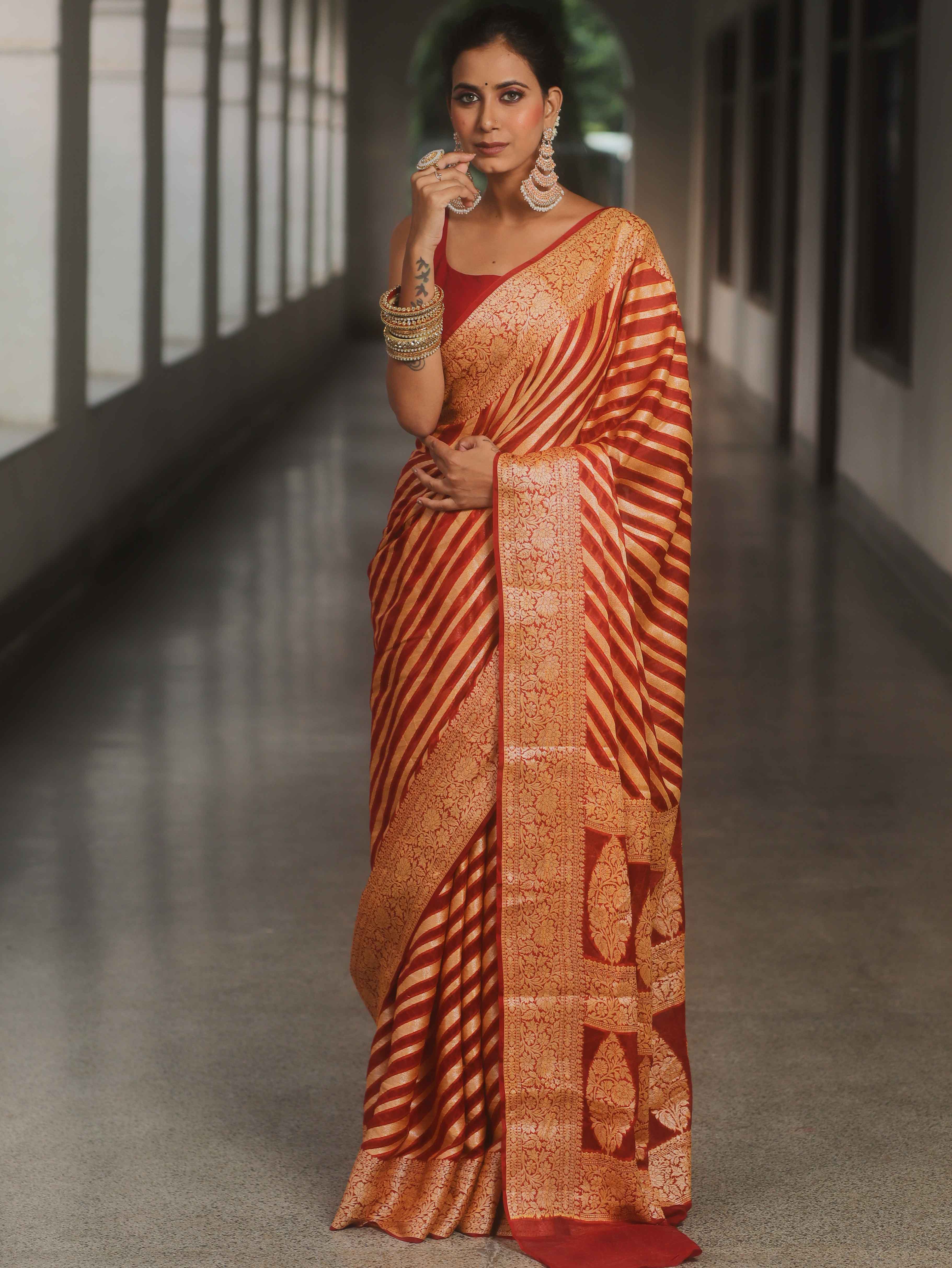Banarasee Pure Chiffon Saree With Resham Zari Work-Maroon