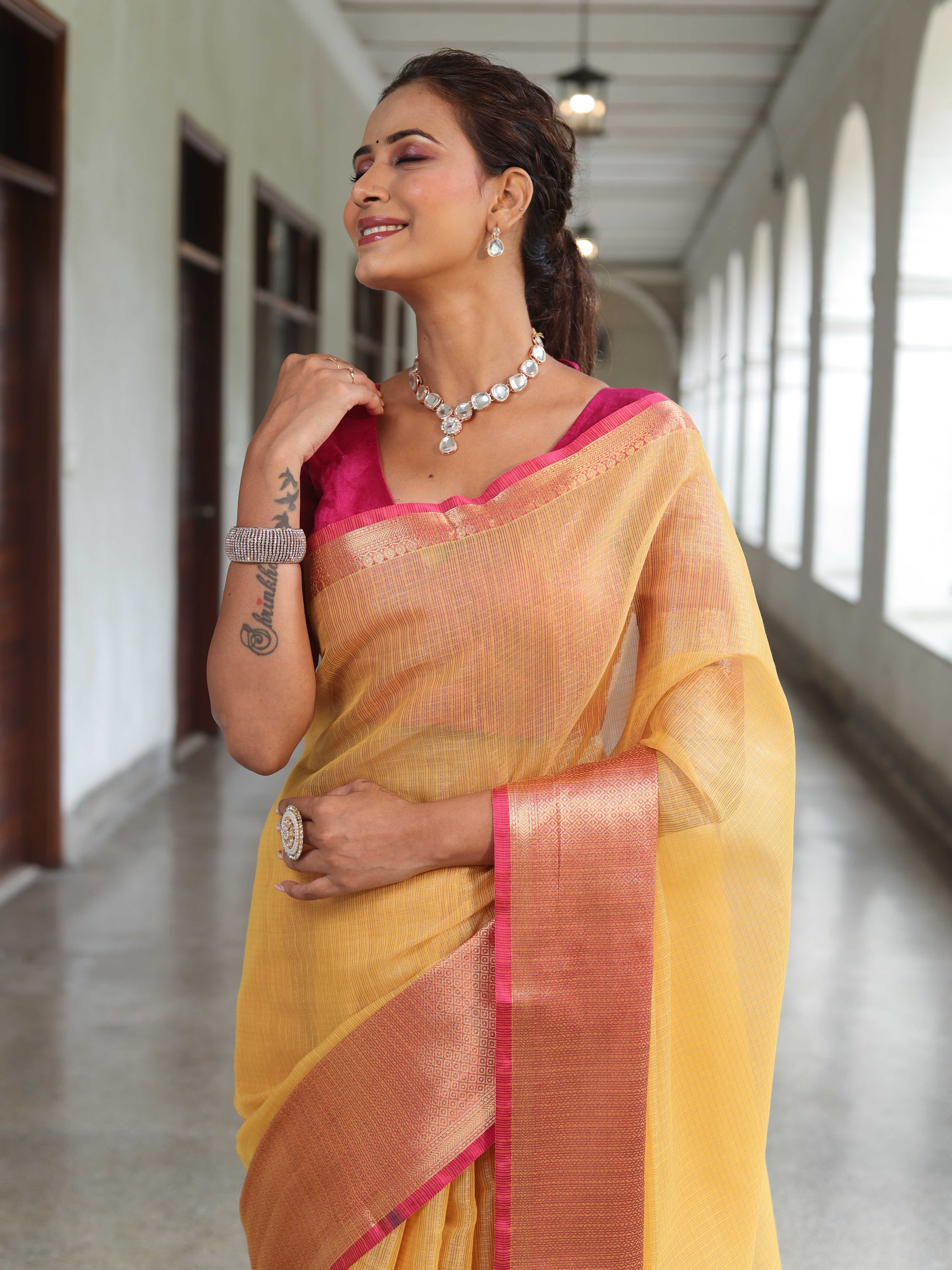 Banarasee Handloom Tissue Saree With Contrast Tanchoi Border-Yellow & Pink