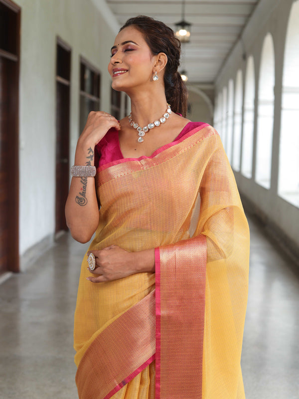 Banarasee Handloom Tissue Saree With Contrast Tanchoi Border-Yellow & Pink