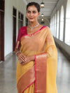 Banarasee Handloom Tissue Saree With Contrast Tanchoi Border-Yellow & Pink