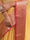 Banarasee Handloom Tissue Saree With Contrast Tanchoi Border-Yellow & Pink