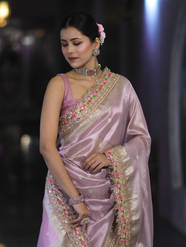 Banarasee Handloom Tissue Saree With Zari Buti Design Floral Border & Lace-Pastel Pink